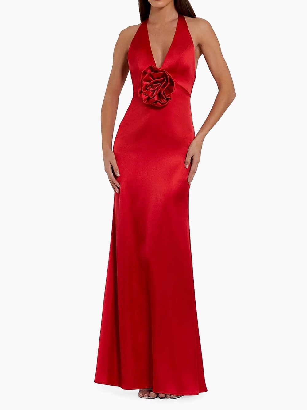 Mac Duggal Red Satin Halter Gown with Sculpted Rosette